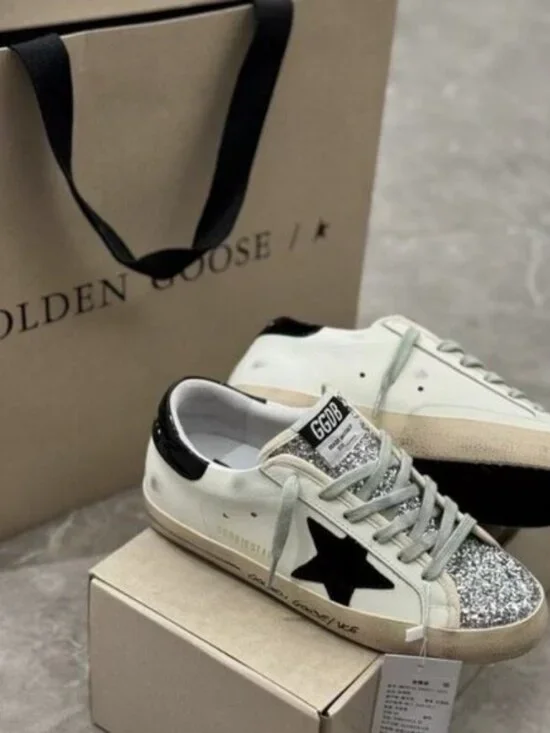 Golden Goose White Leather Sneakers with Black Star & Glitter Toe - Picture 5 of 8
